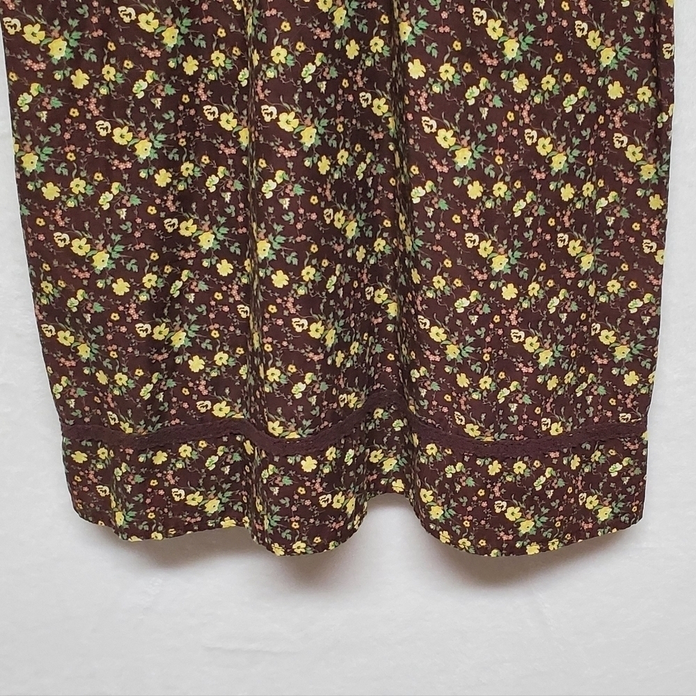 𝅺RETRO Y2K LEI Brown Yellow Ditsy Floral V-neck Pleated Mini Babydoll Dress S - Picture 7 of 14